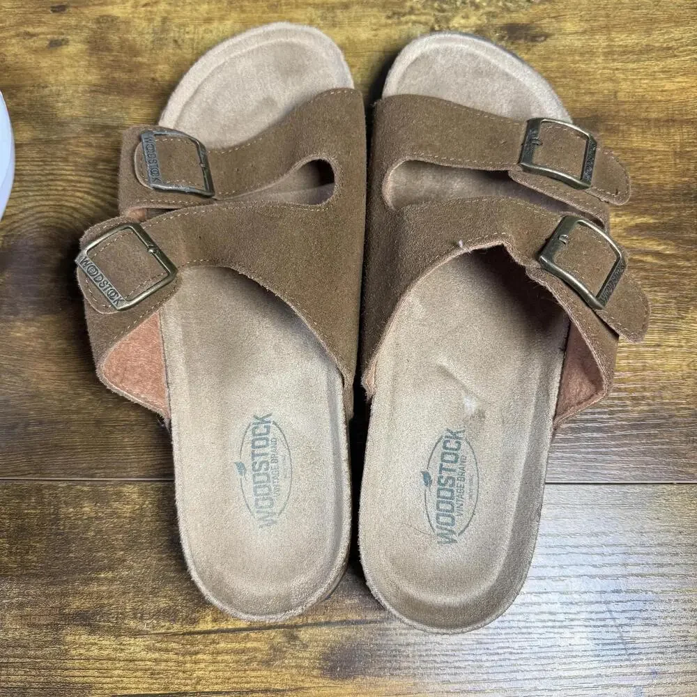 Woodstock‎ Bert Brown Leather Suede Double Buckle Slide Sandals Mens 10M